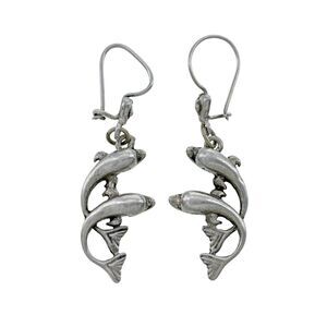 Vintage Sterling Silver 925 Dolphins Swimming Dangle Earrings